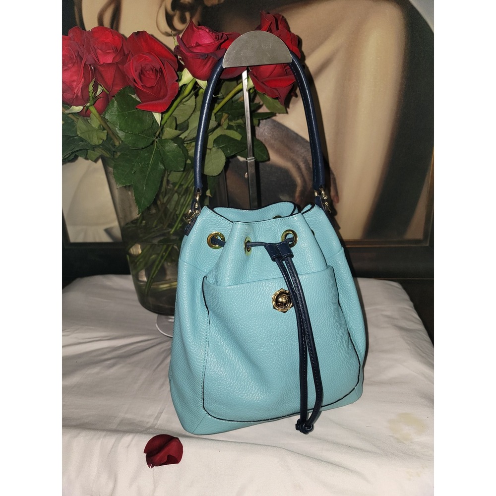 Draper James textured leather bucket bag pebble leather blue trim Y2K - Picture 2 of 7